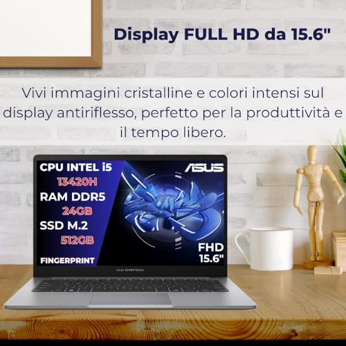 EXPERTBOOK P1 Pc Portatile, Notebook i5 13420H, 24 RAM DDR5, 512GB SSD PCIex 4.0, DISPLAY 15,6" FHD, Computer Portatile, Laptop con Fingerprint, Layout Italiano - Pronto all'uso - Notebook - Immagine 1