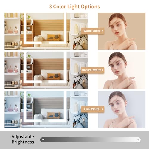 طاولة زينة 1 مع مرآة وأضواء LED ومخرج طاقة وكرسي، طاولة مكياج مع درجين و4 أرفف بـ 3 ألوان لغرفة النوم من فونر، أبيض، زجاج