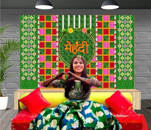 Image of DARSHANAM WORLD Wedding Decorative Cloth for Haldi & Mehndi Ceremony, Photoshoot, Haldi Background Enhancer for Mehndi Ceremony (8x5 ft, 3D Printed Backdrop with Floral & Logo Design) (Green & RED)