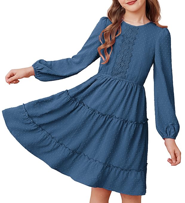 GRACE KARIN Girls Long Sleeve Fall Dress Casual Party Teen Swiss Dot Ruffle Tiered Lace Dresses for 7-14 Years