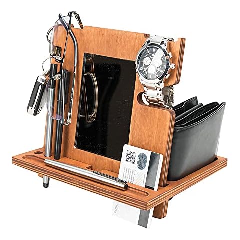 Wooden Docking Station Wallet Stand Watch Organizer Men’s Christmas Birthday for Men Him Father’s Day Present Desk Organizer Wood Bed Side Valet Tray Nightstand with Built Mirror Cover