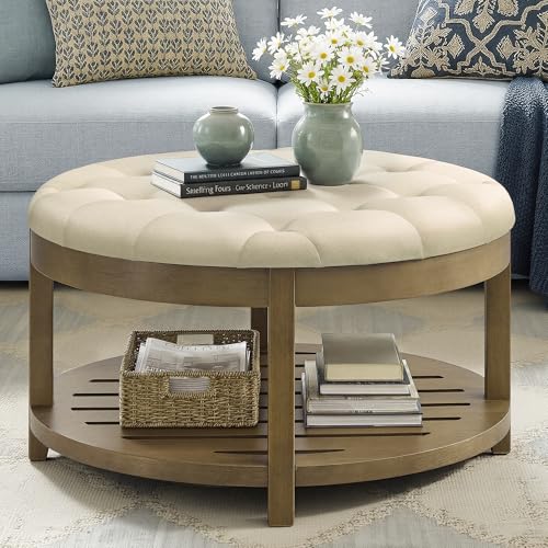 SONGMICS Storage Ottoman with Solid Wood Frame, Round Upholstered Ottoman Coffee Table, Footrest,...