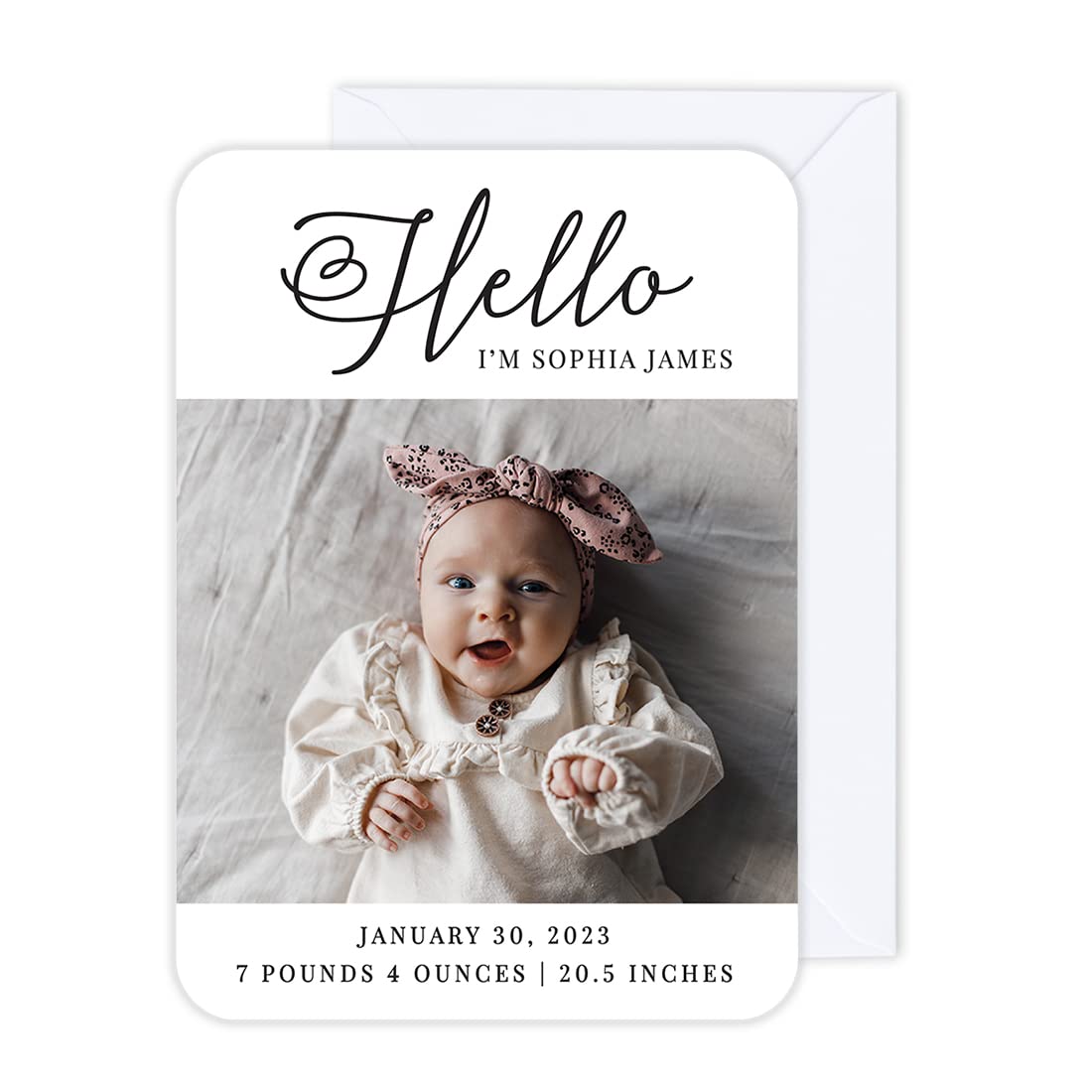Andaz Press 24-Pack Personalized 5x7-Inch Baby Photo Announcement Cards with Envelopes, Hello Custom Name Baby Birth Announcement Stat Cards Baby Reveal Newborn Baby Photo Birth Cards For Family