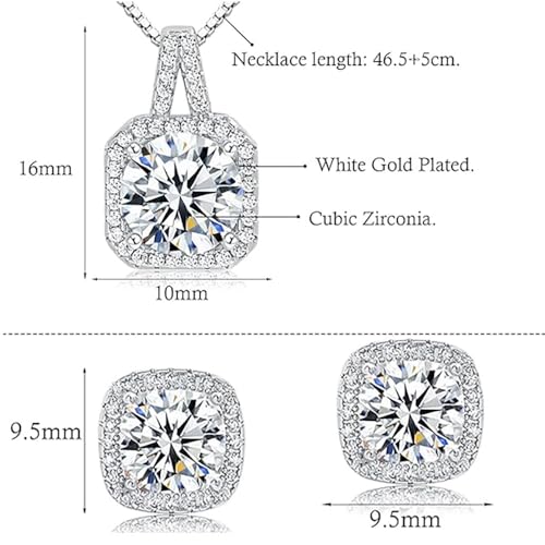 Hadskiss Silver Cubic Zirconia Earrings and Pendant Necklace Link Bracelet Set for Women 14K White Gold Plated Square Wedding Jewelry Sets for Bride Bridesmaid2
