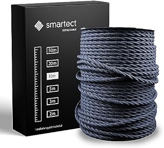 smartect Czarny Kabel Skręcony Tekstylny, 2 Metrów Kabel w Oplocie Elektryczny, 3 Żyłowy (3 x 0,75 mm²) Elektryczny Kabel w Oplocie Tekstylnym do Własnych Projektów DIY