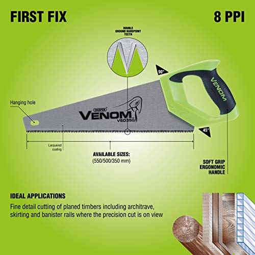 Draper Venom 550mm 8PPI First Fix Double Ground Tool Box Wood Hand Saw - 55cm Blade Length - 82196 - DIY Tree Garden Woodworking Handsaw, Green - Image 4