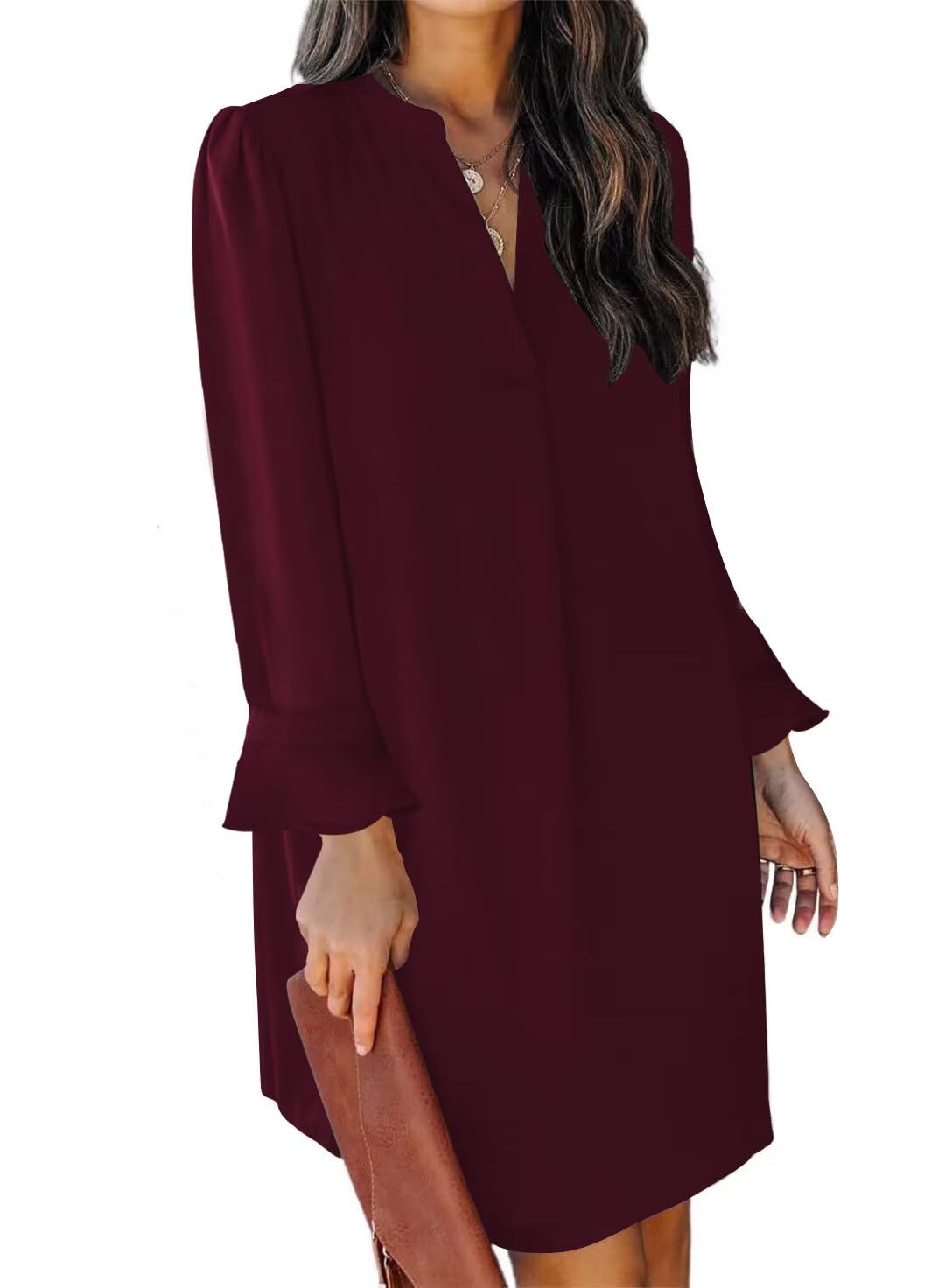 QACOHU Women's Fall Long Ruffle Sleeve V Neck Shift Dresses
