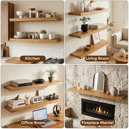 Image of Dreamland 55 Inch Floating Shelves for Wall, Solid Elm Wood Wall Shelves for Living Room, Bedroom, Kitchen, Bathroom, Wall Mounted Long Floating Shelf Set of 1, Natural