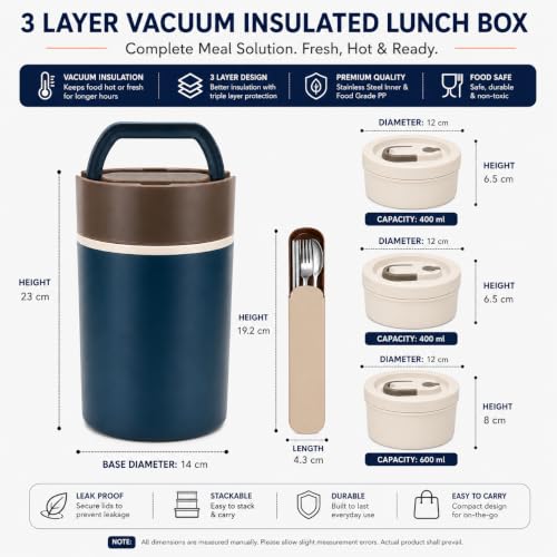 Image of YELONA 3 Layer Vacuum Insulated Lunch Box with SUS316 Stainless Steel Containers 1400 ML | Leak-Proof Food Storage Tiffin | Thermal Hot Food Lunch Box for Office, School & Travel - Blue