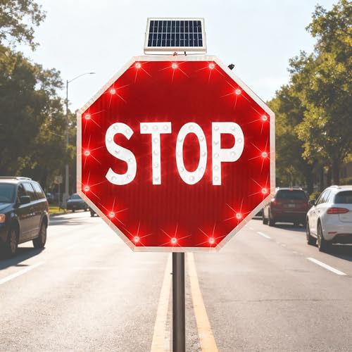 30" Solar Stop Sign - LED Illuminated Traffic Sign, Engineer Grade Reflective, Rustproof Aluminum, Waterproof 30x30 Inches for Enhanced Visibility & Safety