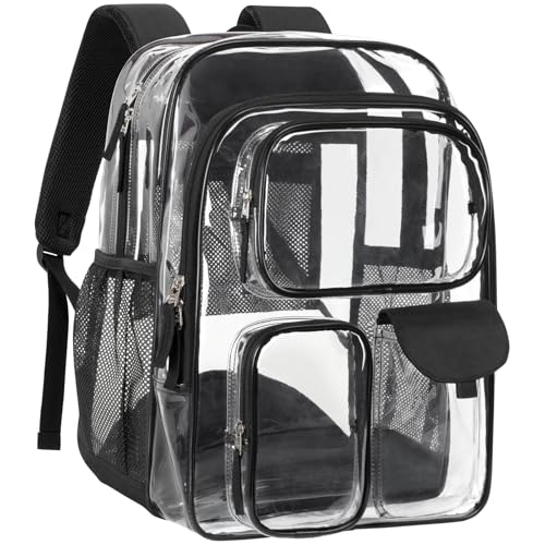 PACKISM 18 Inch Extra Large Clear Backpacks for School Bundle with Reusable Clear Lunch Bag, See Through PVC Transparent Back to School Set, Black (Age 12+)2