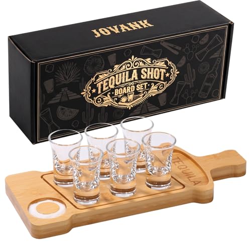 JOVGANK Tequila Shot Board Set with Salt Rimmer & Lime Holder–6 Heavy Base Lead-Free Crystal Shot Glasses 1oz, Perfect for Tequila, Mezcal– Ideal Father’s Day Birthday Gift for Men & Tequila Lovers