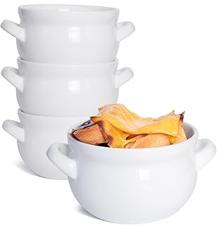 Soup Bowls with Handles, 16 Oz Ceramic French Onion Soup Bowls - Stackable Oven Safe Bowls Serving Soup Crocks for Soup, Cereal, Chilli, Pot Pies, Set of 4, White