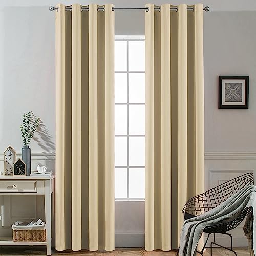 Yakamok Blackout Curtains Room Darkening Thermal Insulated Window Panels,Solid Grommet Top Drapes for Bedroom/Living Room(52Wx90L, Beige, 2 Panels)