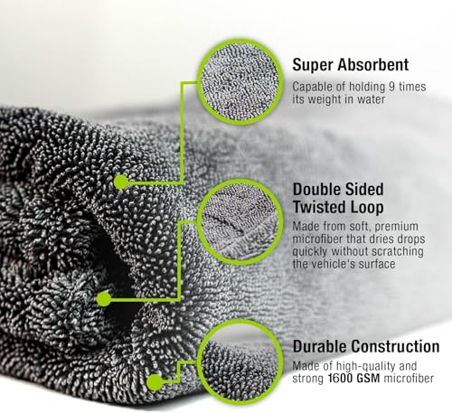 Auto Hub 1600gsm Microfiber Cleaning Cloth - Dual Sided Microfiber Cloth - Lint & Streak Free Car Cleaning Clothes - Multipurpose Car Wash Cloth-Twisted Loop-1pc,60x40cm-Grey