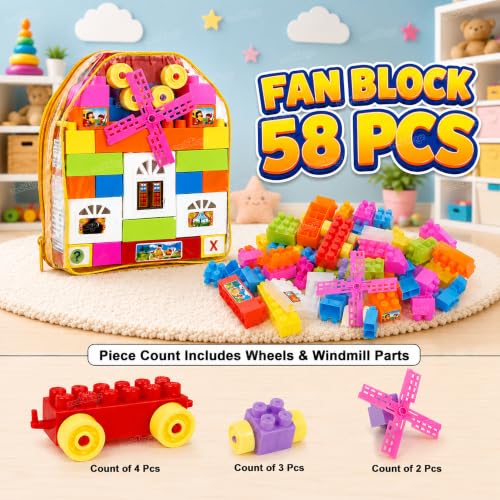 Image of Zest 4 Toyz Building Blocks for Kids 58 Pieces | Colourful Construction Blocks with Wheels Windmill Doors Windows Booklet & Zipper Storage Bag | Creative Educational Toy for Boys and Girls