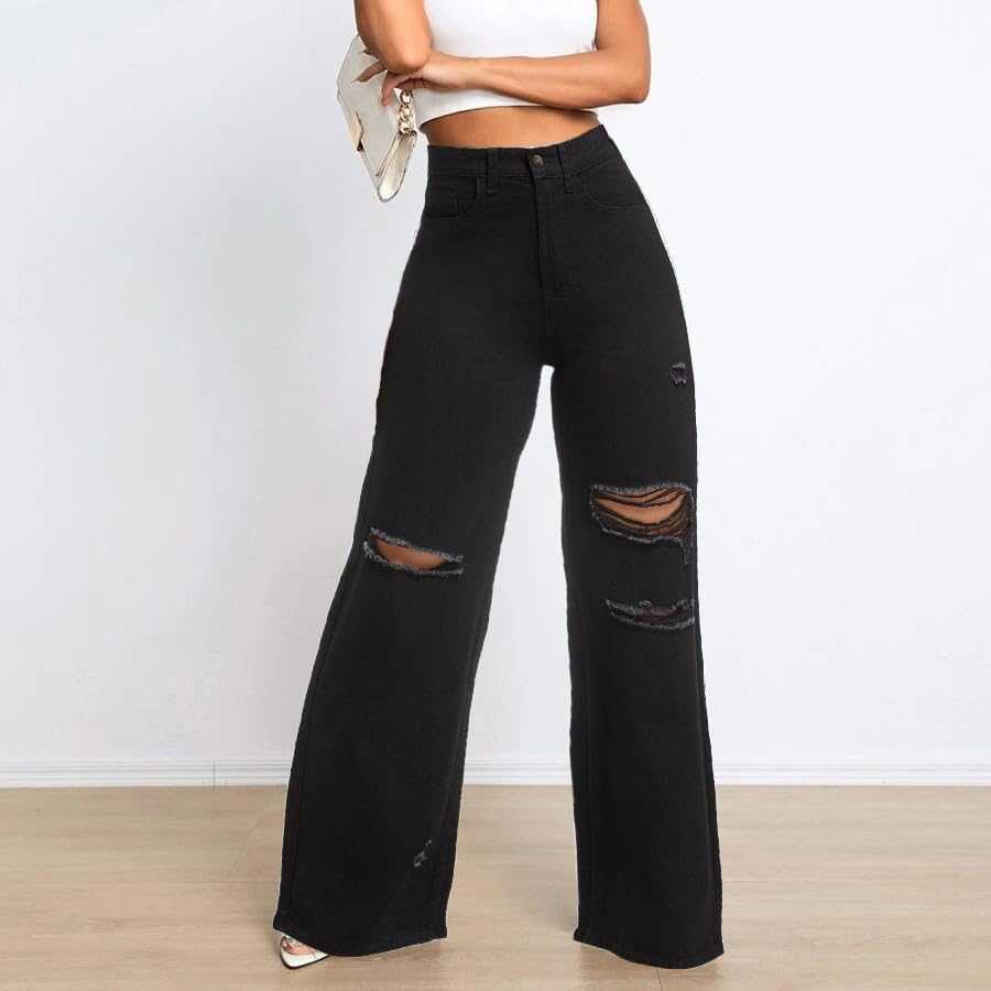 Distressed Wide Leg Jeans for Women High Waisted Loose Ripped Boyfriend Jeans Y2K Stretch Denim Pants3