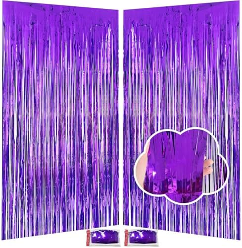 Purple Backdrop Party Decorations 3.3x8.2ft, 2 Pack Foil Fringe Curtains Door Streamers for Easter Decor, Purple Tinsel Backdrop for Demon Hunters Birthday Graduation Baby Shower Halloween Christmas