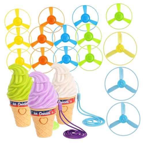 BCOATH Outdoor Playthings 3 Pcs Chasing Game Toy Ice Cream Bamboo Dragonfly Pull String Flying Saucer for Children