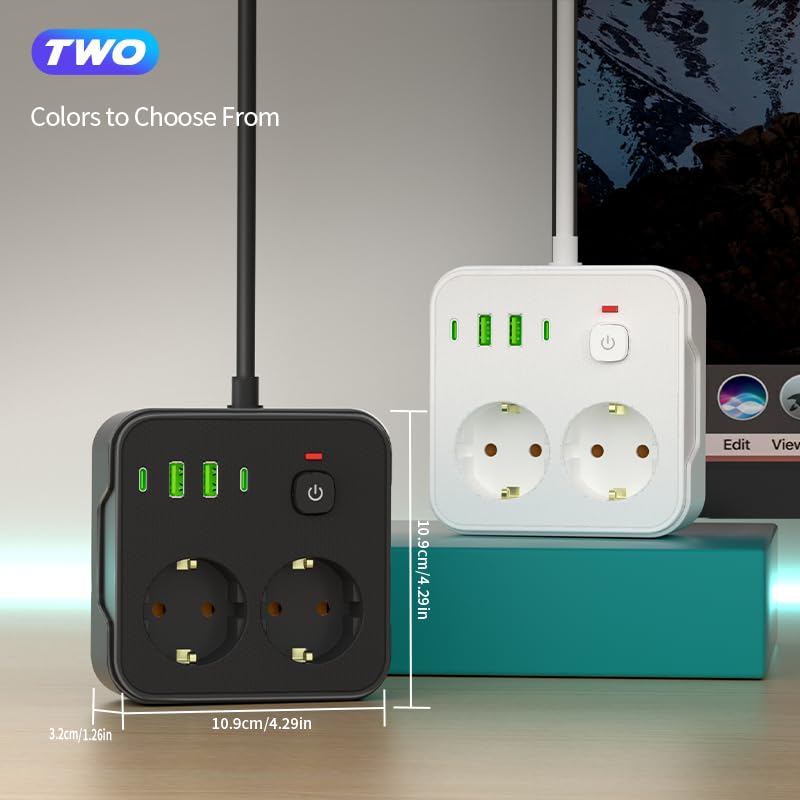 Steckdosenleiste 6-in-1 mit 2M Verlängerungskabel, 2 AC-Steckdosen, 2 USB und 2 Typ-C, für Zuhause, Büro und Reisen(Schwarz)