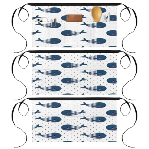 Demi-tablier pour cuisine et pâtisserie à motif baleines, le lot de 3 tabliers à poches