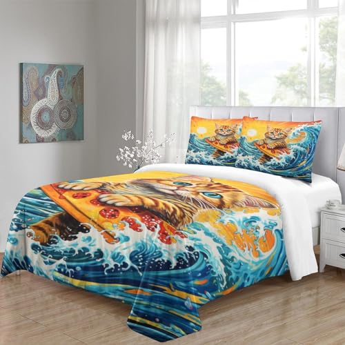 Housse de couette chat de surf à pizza imprimé 3D en microfibre douce avec taies