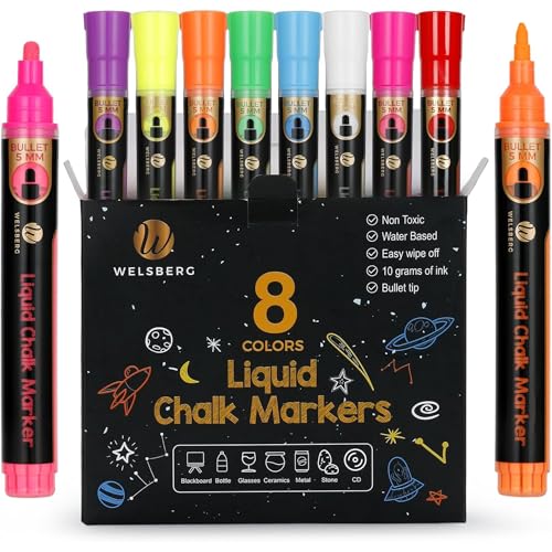 Welsberg Liquid Chalk Markers, Pack of 8 Chalk Pens - 5mm Reversable Bullet Tip, 10 gr Erasable Jumbo Ink, Dry or Wet Erase Markers for Blackboard, Whiteboard, Window, Glass - for School, Office, Home