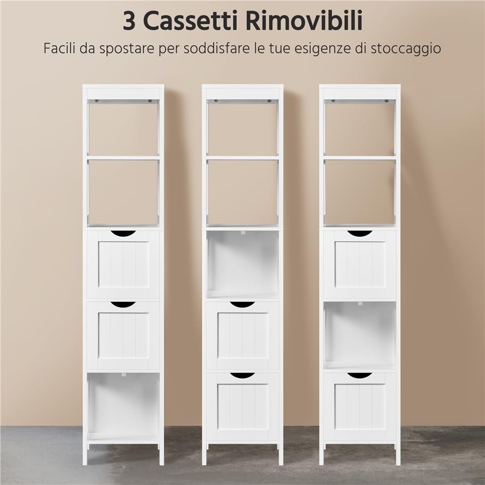 Yaheetech Mobile Bagno Salvaspazio Cassettiera Mobiletto Armadietto,Bianco | Colonna Alta con 3 Cassetti e 2 Scomparti Aperti per Soggiorno e Cucina, Impermeabile e Facile da Pulire, 30 × 30 × 142 cm