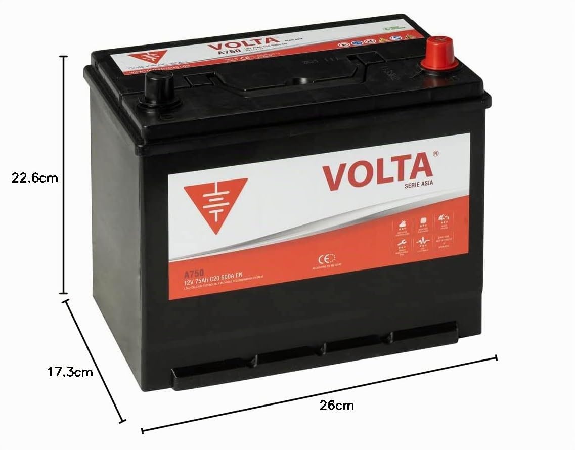 Bateria de Coche Marca Asiática 75Ah 600A Volta A750D - Borne +Dcha - Medidas Largo 260 x Ancho 173 x Alto 226 mm con 2 años de Garantía - Fabricación Europea.