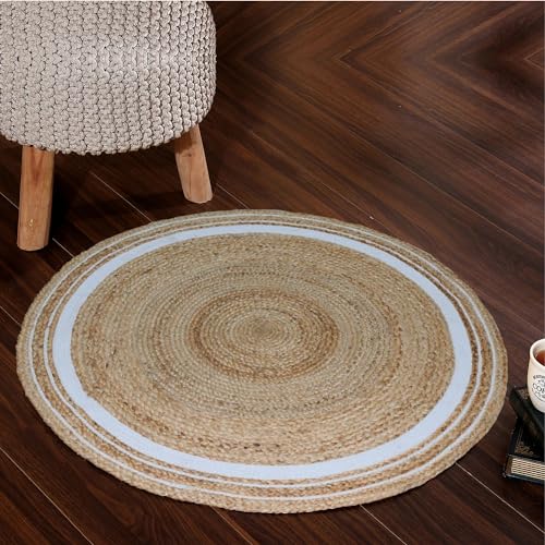 Image of ECO SENSE Jute Braided Round Rugs Bohemian Style, Hand Woven & Reversible for Living Room Kitchen Entryway Rug, Farmhouse, Bedroom (Boho White, 2 x 2)