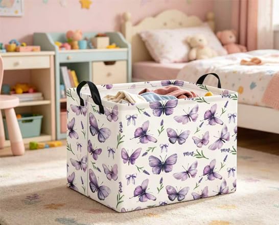 Image of Rectangular Baby Kids Storage Basket for Home Kitchen Girls Cute Toy Storage Bin Organizer Shelf Book Room Decor(Lavender Butterfly)
