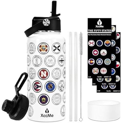 XccMe 50 States Travel Water Bottle with Stickers and Straw,32 oz Insulated Stainless Steel Water Bottle with 2 Lids,Silicone Boot,Bucket List Travel Water Bottle Sealed and Leak Proof (white) Cover
