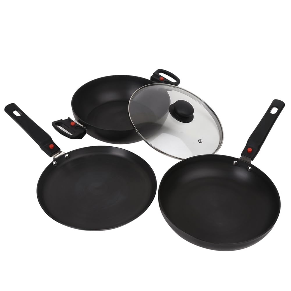 Prestige Magna Hard Anodised Cookware With Detachable Handle Kitchen Set (Omni Tawa 25 cm, Fry Pan 24 cm, Kadai With Glass Lid 24 cm), Black