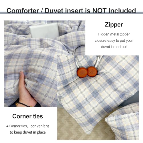 Image of EAVD Gingham Duvet Cover Full Blue Yellow Grid Plaid Duvet Cover Set | Soft Muslin Cotton 3-Piece Gingham Bedding Set 1 Duvet Cover with 2 Pillowcases Geometric Pattern Zipper Closure Corner Ties