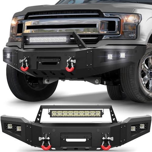 POFENZE F150 Front Bumper with Winch Plate for 2018-2020 Ford F-150 (Excluding Raptor) Textured Black Bumper with D-rings, 144W Long Light Bar, License Plate Bracket