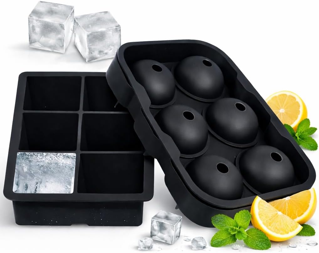 SKY-TOUCH Silicone Ice Cube Trays,Ice Cube Trays,Large Size Silicone Ice Cube Molds with Removable Lid,Square&Round Ice Cube Tray,BPA Free for Cocktail,Whiskey, Stackable,Flexible Ice,2 pack