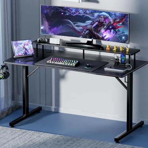COMHOMA 55 Inch Gaming Desk with USB Charging Ports and LED Lights, Computer Desk with Monitor Stand for Home Office, Modern Gamer Desk Table with Mouse Pad & Side Hook, Colorful - Image 3