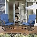 ENSTVER 3 Pieces Patio Conversation Set w/ 2 Rattan Wicker Rocking Chairs and Glass Table,for Garden Backyard Lown Porch(Dark Blue)