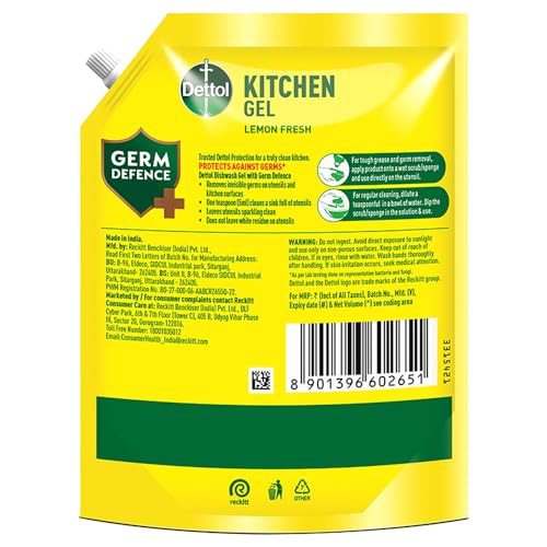Image of Dettol Dishwash liquid and Kitchen Gel || Cuts Tough Grease || Remove germs || Lemon Fragrance ||1500ml (Refill Pack)