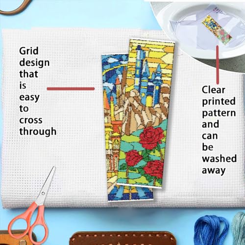 Image of FREEBLOSS 6 Set Cross Stitch Bookmark Kit 11 CT Stamped Cross Stitch Kit DIY Embroidery Bookmark Kits for Adult Beginners with Instructions, Stained Glass Castle Pattern, 6 x 20 cm /8 inch x 2.4 inch
