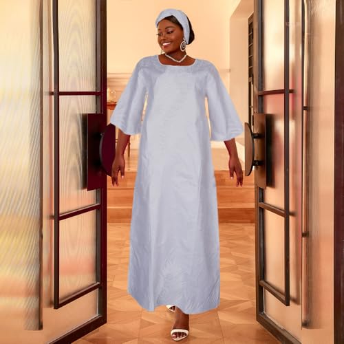 Image of HD African Bazin Riche Maxi Dress for Woman Traditional Embroidery Dashiki Dresses with Head Wraps