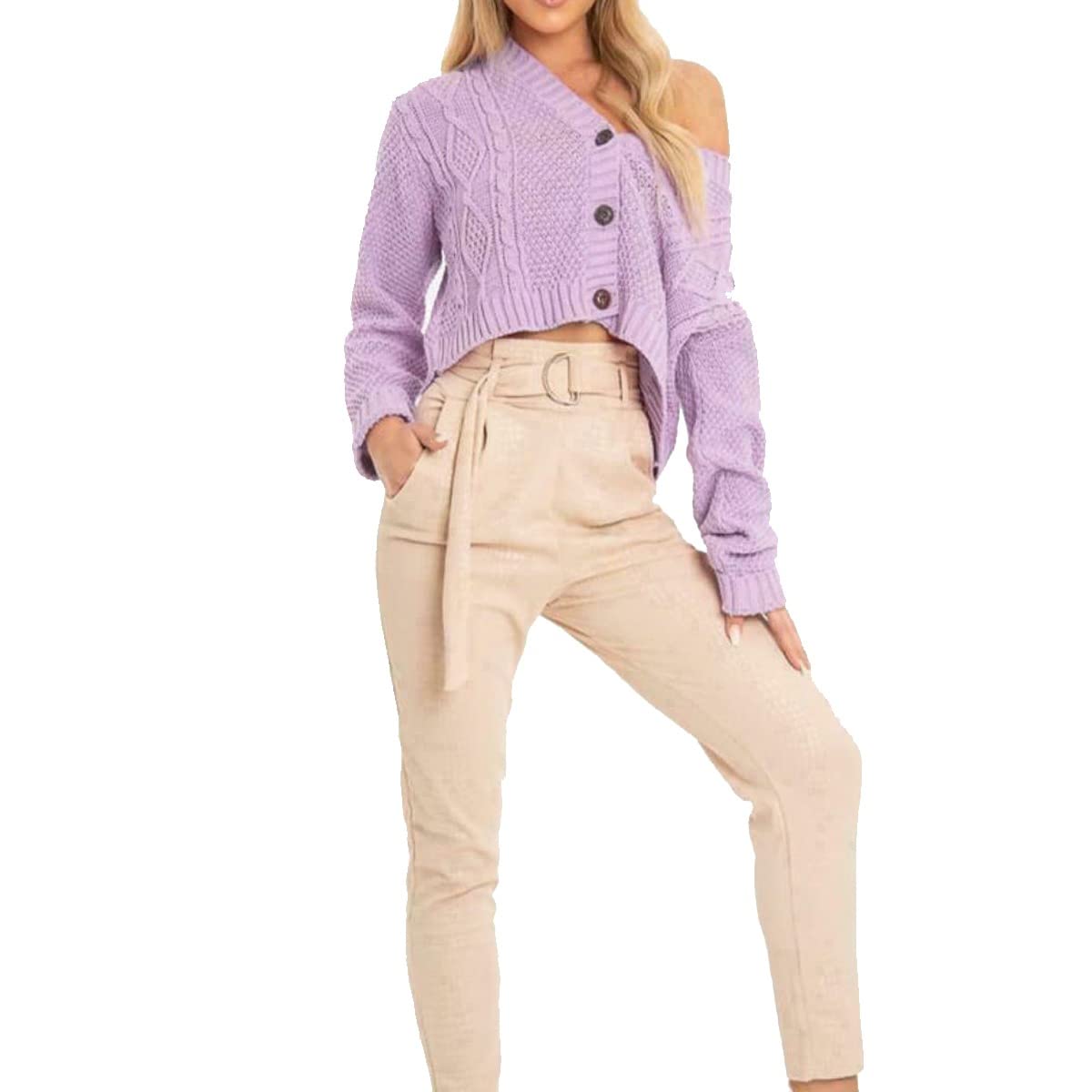 Metluq M0d4 Women's Lilac Chunky Cable Knitted Cardigan 3 Button Long Sleeves Short Crop Tops Uk (10, )
