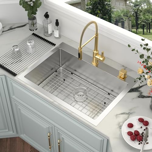 Image of Kichae 30 Inch Drop In Kitchen Sink - Stainless Steel Kitchen Sinks with Wide Lip 30x22x9 Inch Drop In Topmount Overmount Single Bowl Handmade Basin