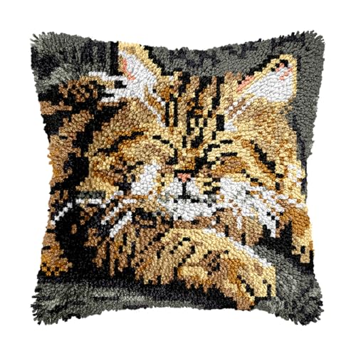 Image of bositigo Cat Latch Hook Pillow Kit for Adults & Kids, DIY Pre-Printed Canvas Craft, 17x17 Inch Decorative Cover for Sofa Cushions, Bedroom Decor (Cat Pattern 52)