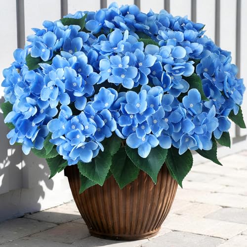 FOTEEWL 8 Bundles 17 Artificial Hydrangea Flowers Branch for Outdoor(Blue)
