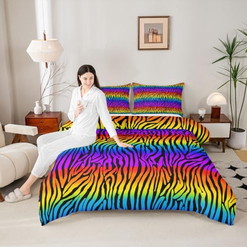 Image of Feelyou Zebras Skins Comforter Set - Rainbow Zebra Stripes Bedding for Kids & Adults - Ultra Soft Twin Size Duvet Set