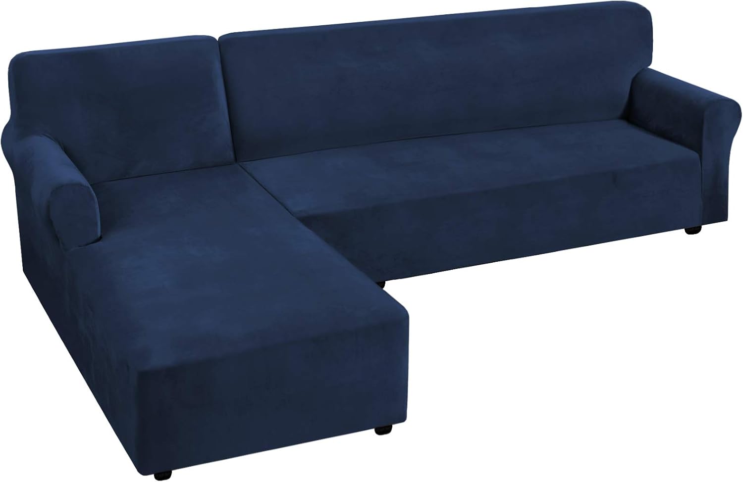 H.VERSAILTEX Thick Velvet Stretch L Shaped Sofa Cover 4-Seat Sofa Sectional Couch Cover 2 Piece Sofa Cover Plus Left Chaise Cover with Non Slip Straps, Soft, Comfy and Bouncy, Navy