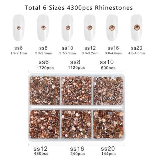 Image of Beadsland 4300pcs Flatback Rhinestones, Champagne Rhinestone Nail Gems Round Crystal Rhinestones for Crafts,Mixed 6 Sizes with Picking Tweezers and Wax Pencil Kit, SS6-SS20, Light Peach