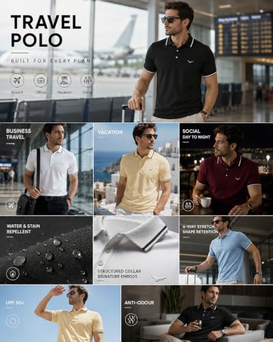 Image of NOBERO Men's Travel Polo T-Shirt | Premium Cotton Stretch Fabric | Anti-Odor & Water-Repellent | UPF 50+ Sun Protection | Regular Fit Polo Collar Casual Wear