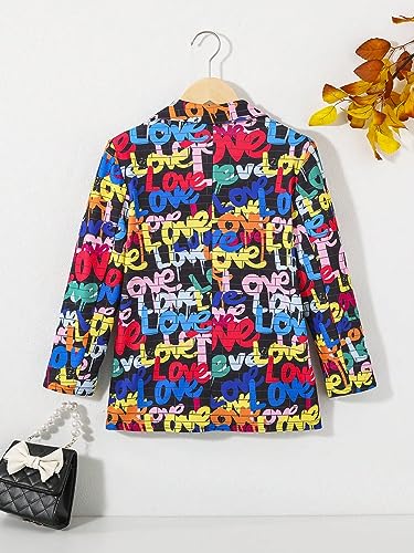 WDIRARA Girl's Allover Letter Print Button Front Jacket Lapel Neck Long Sleeve Coat2